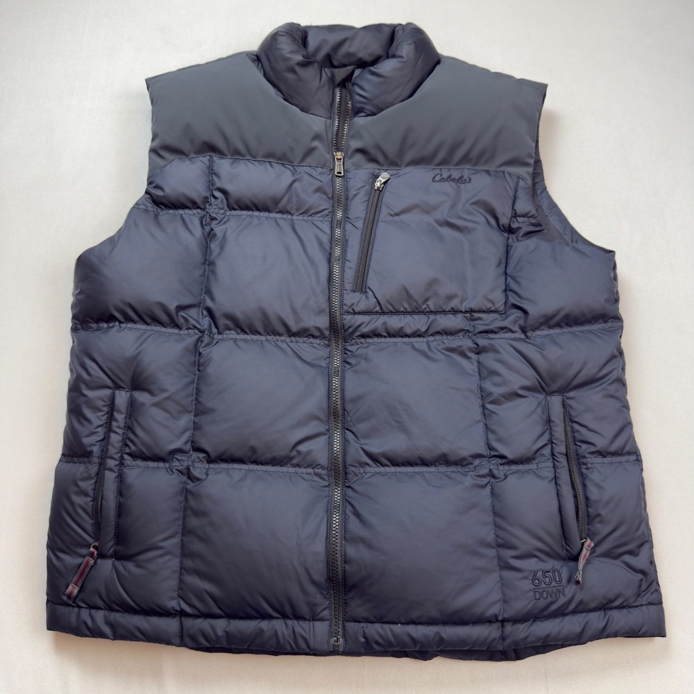 Cabelas Men's XL Regular Premier Northern 650 Down Puffer Vest Navy Blue FLAW